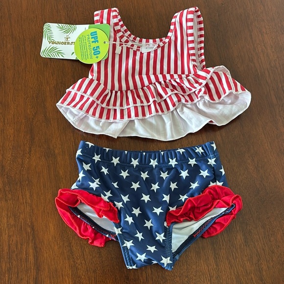 Younger Tree UPF 50+ 2  piece bikini ruffle trim patriotic stars & stripes - Picture 1 of 4